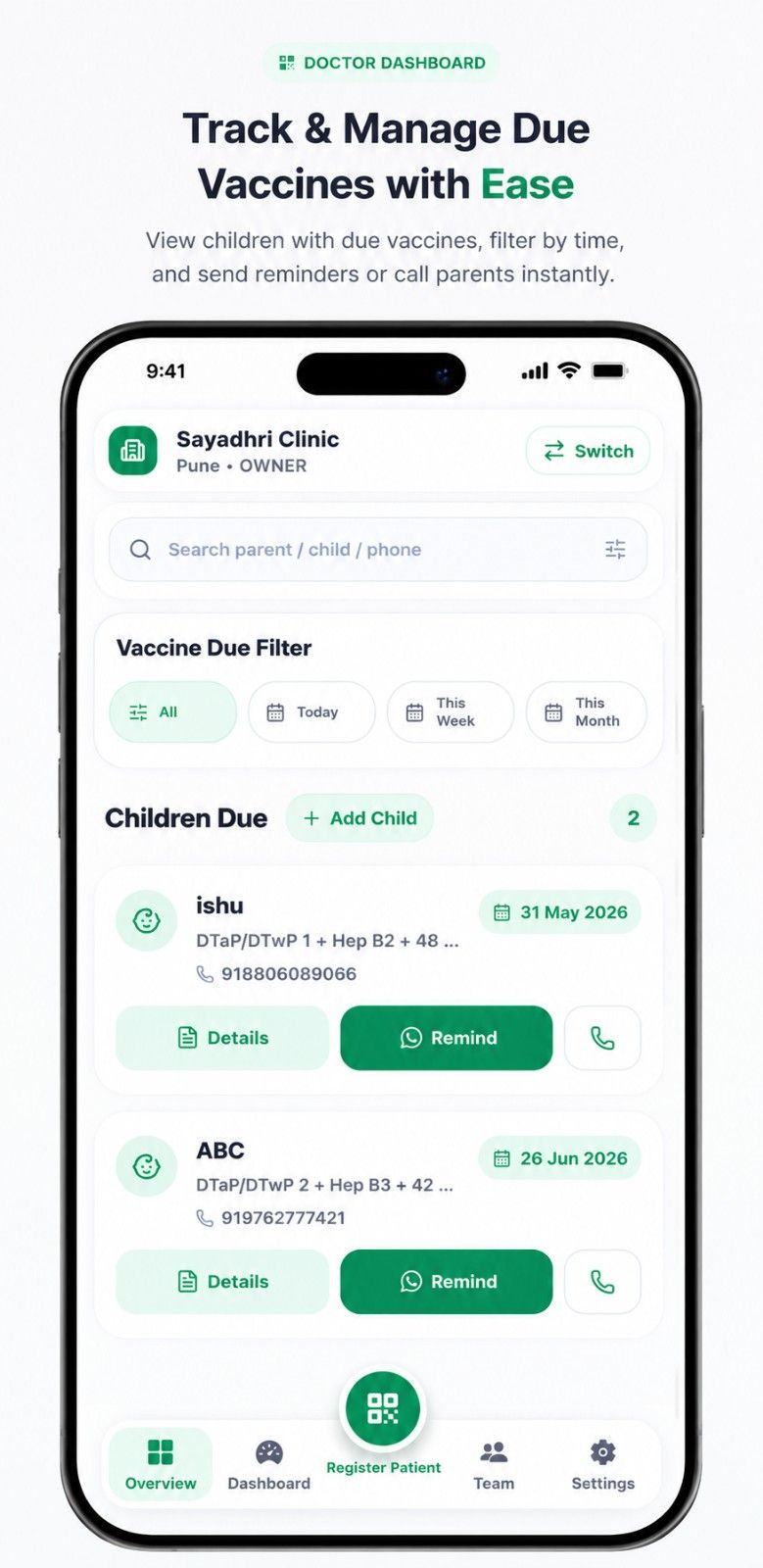 Tichuk doctor dashboard showing due children list and quick reminder actions