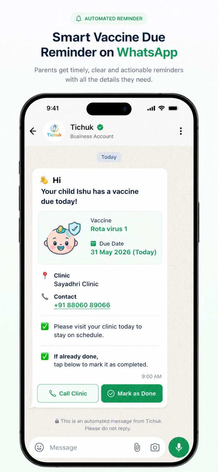Tichuk automated WhatsApp vaccine reminder with mark as done and call clinic actions